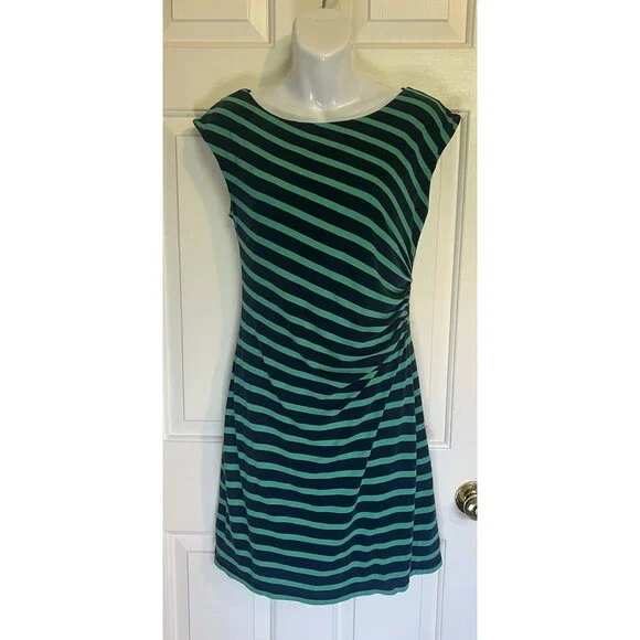 LOFT Striped T-Shirt Dress Size Small Navy Blue Green Horizontal Stripes - Picture 2 of 11
